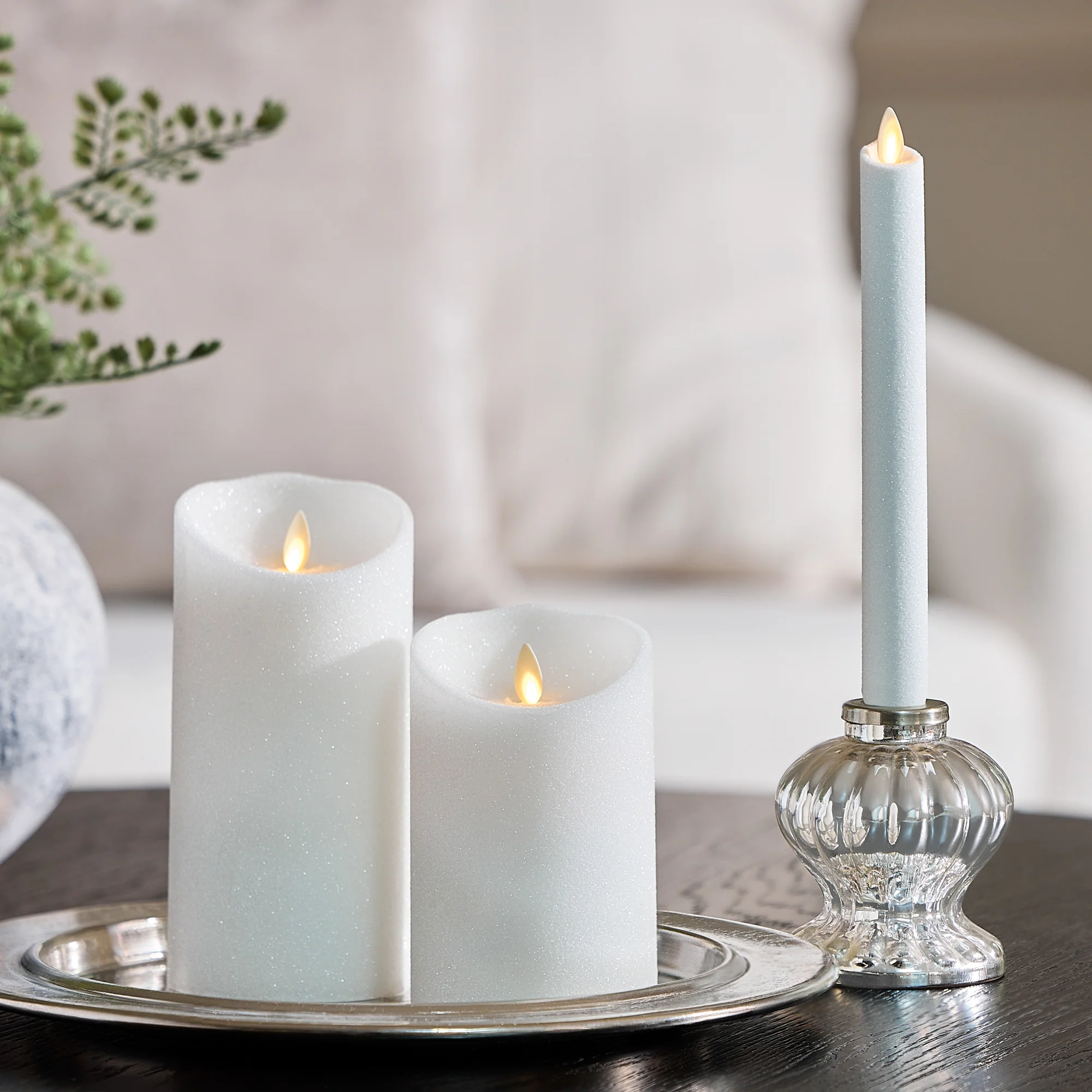 Dazzling White Glitter Flameless Candle Taper - Image 2