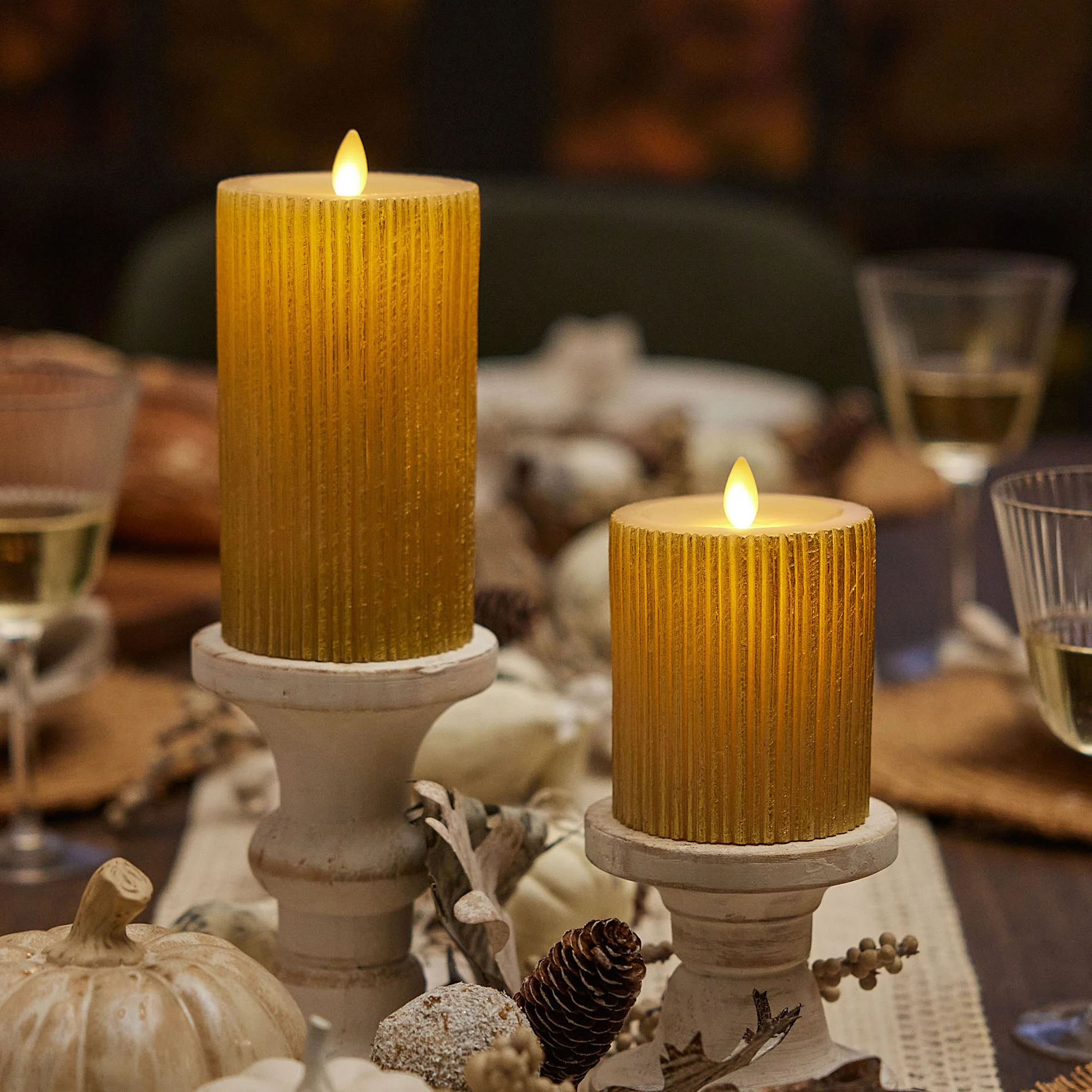 Ribbed Metallic Champagne Flameless Candle Pillar