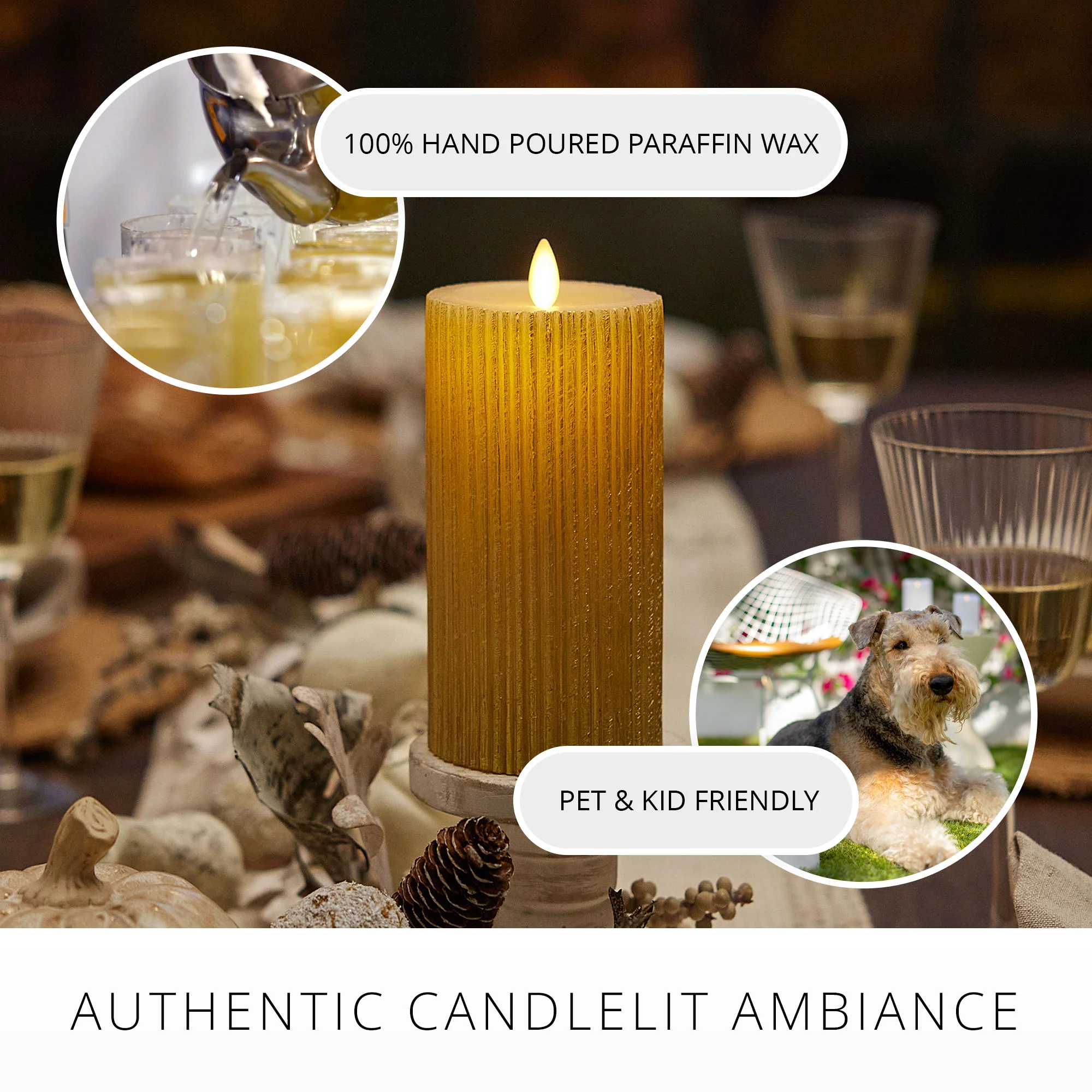 Ribbed Metallic Champagne Flameless Candle Pillar - Image 5