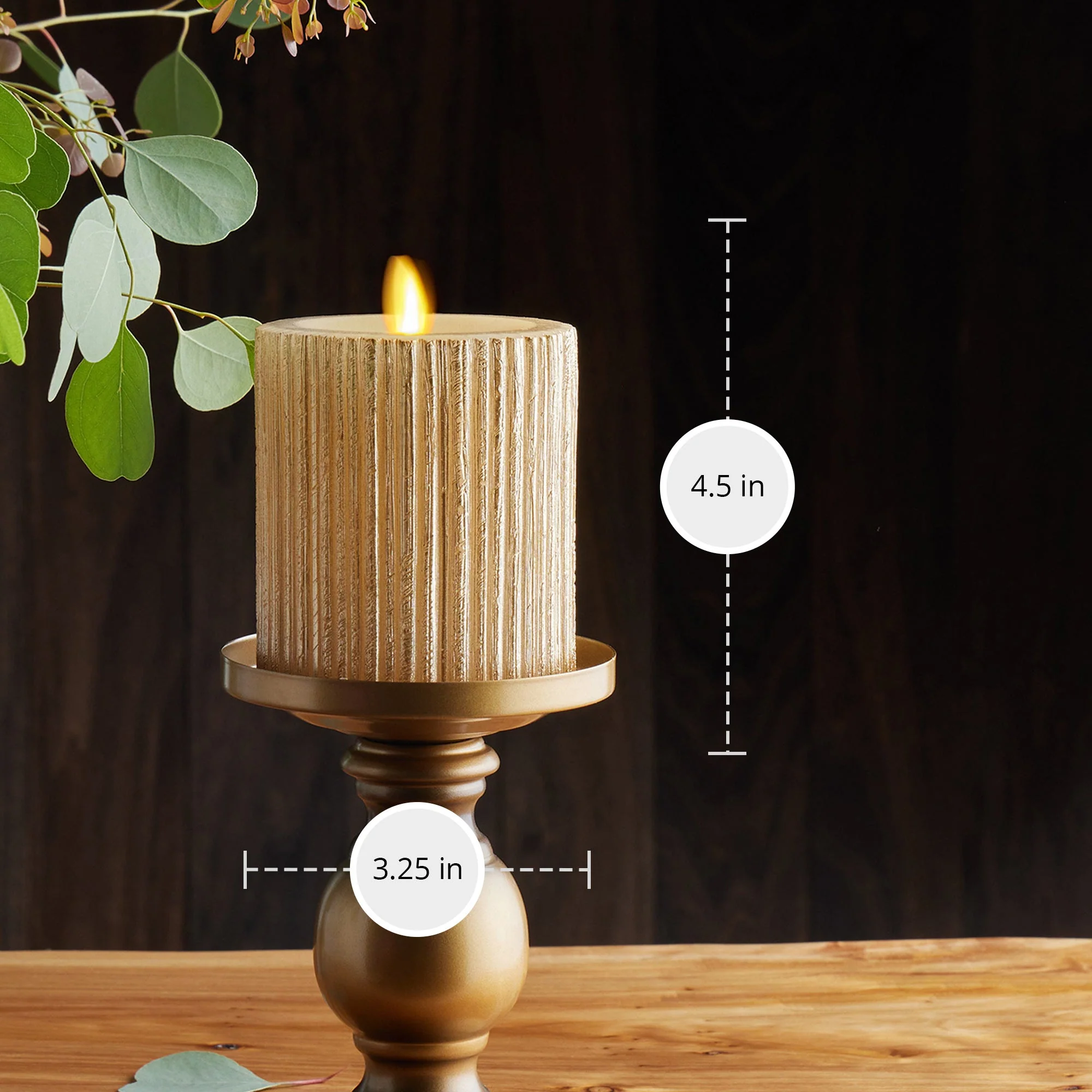 Ribbed Metallic Champagne Flameless Candle Pillar - Image 7