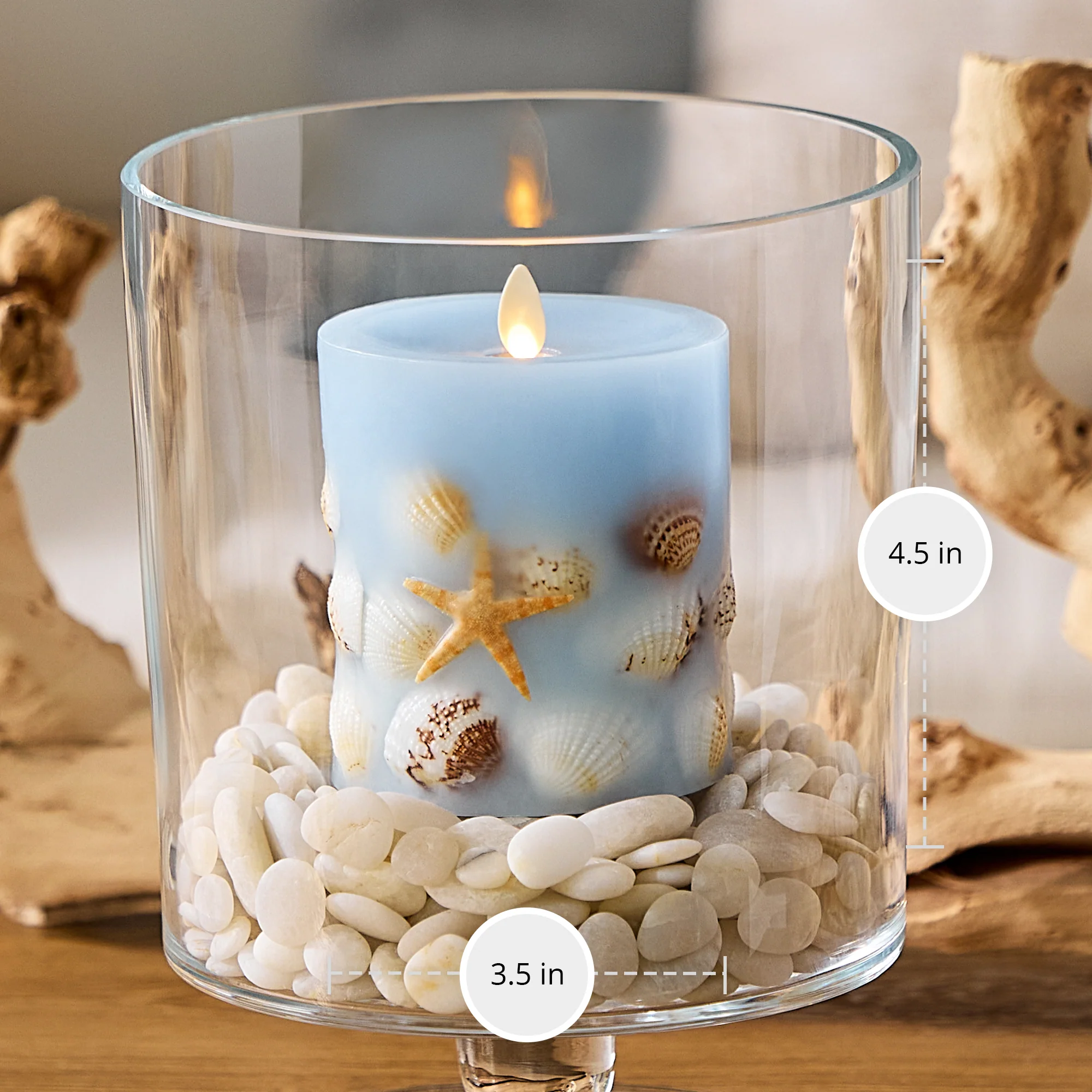Soft Chambray Embedded Seashell & Starfish Flameless Candle Pillars - Image 10