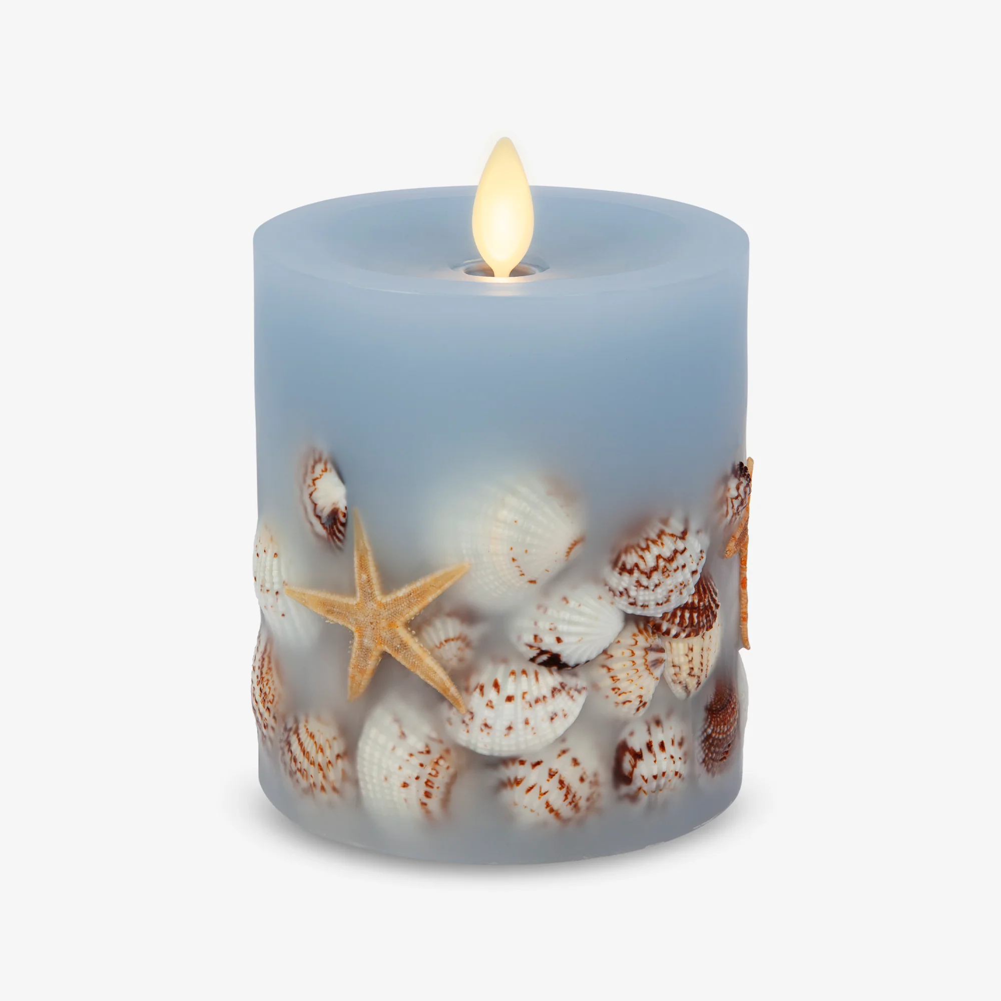 Soft Chambray Embedded Seashell & Starfish Flameless Candle Pillars - Image 11