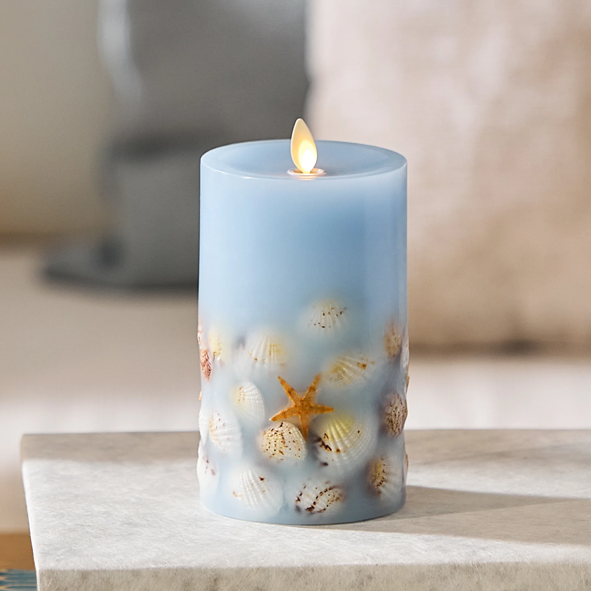 Soft Chambray Embedded Seashell & Starfish Flameless Candle Pillars - Image 12