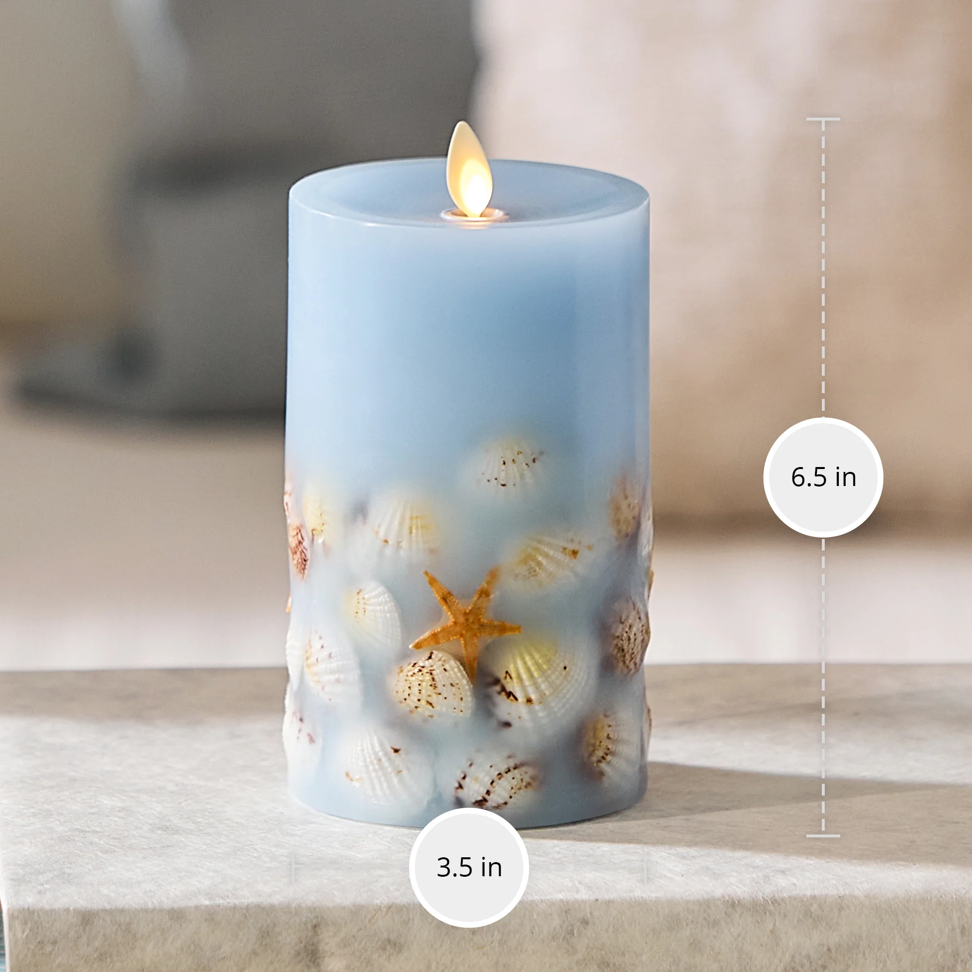 Soft Chambray Embedded Seashell & Starfish Flameless Candle Pillars - Image 13