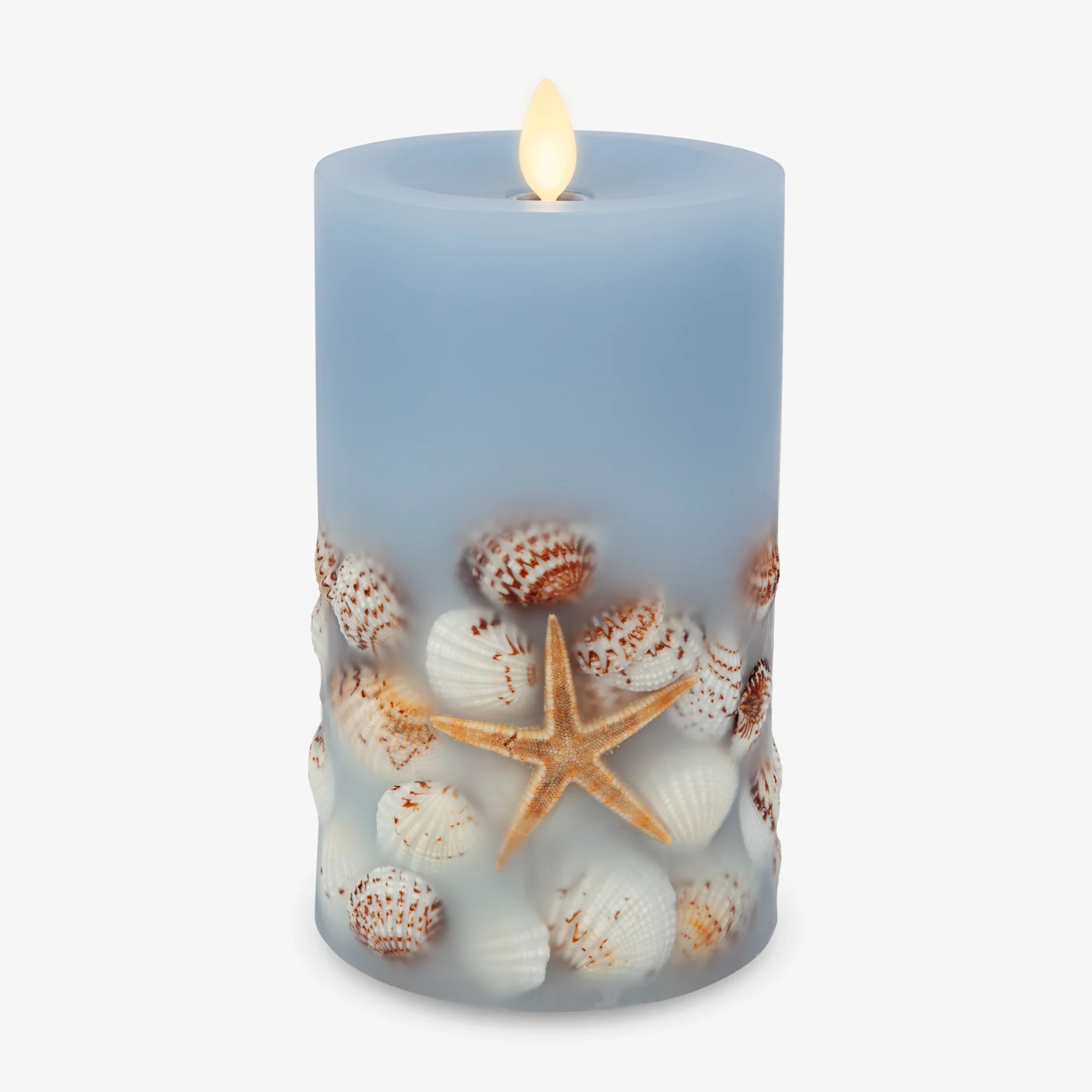 Soft Chambray Embedded Seashell & Starfish Flameless Candle Pillars - Image 14