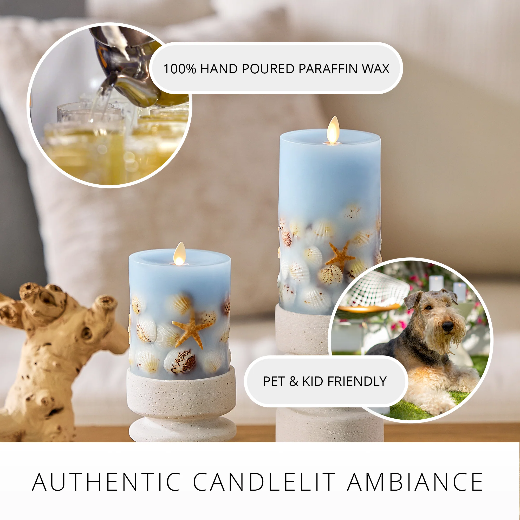Soft Chambray Embedded Seashell & Starfish Flameless Candle Pillars - Image 8