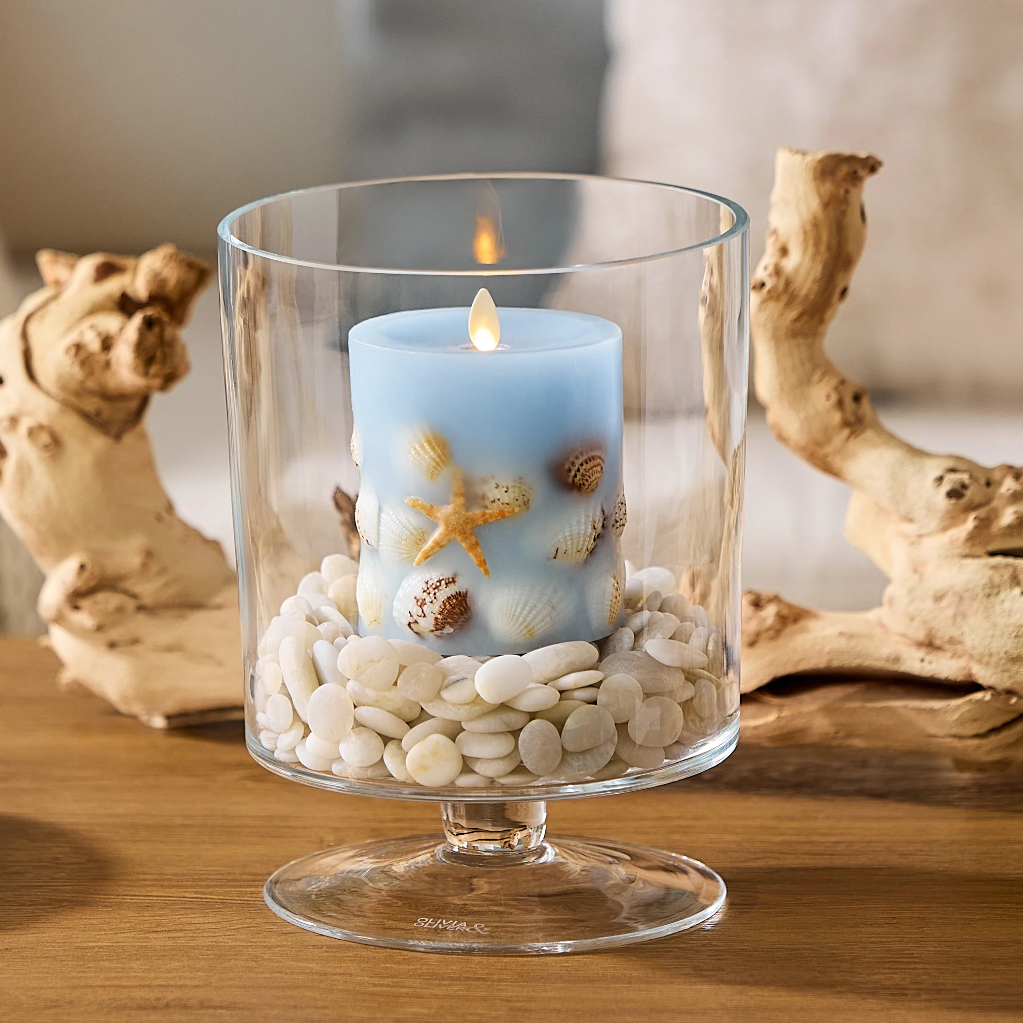 Soft Chambray Embedded Seashell & Starfish Flameless Candle Pillars - Image 9
