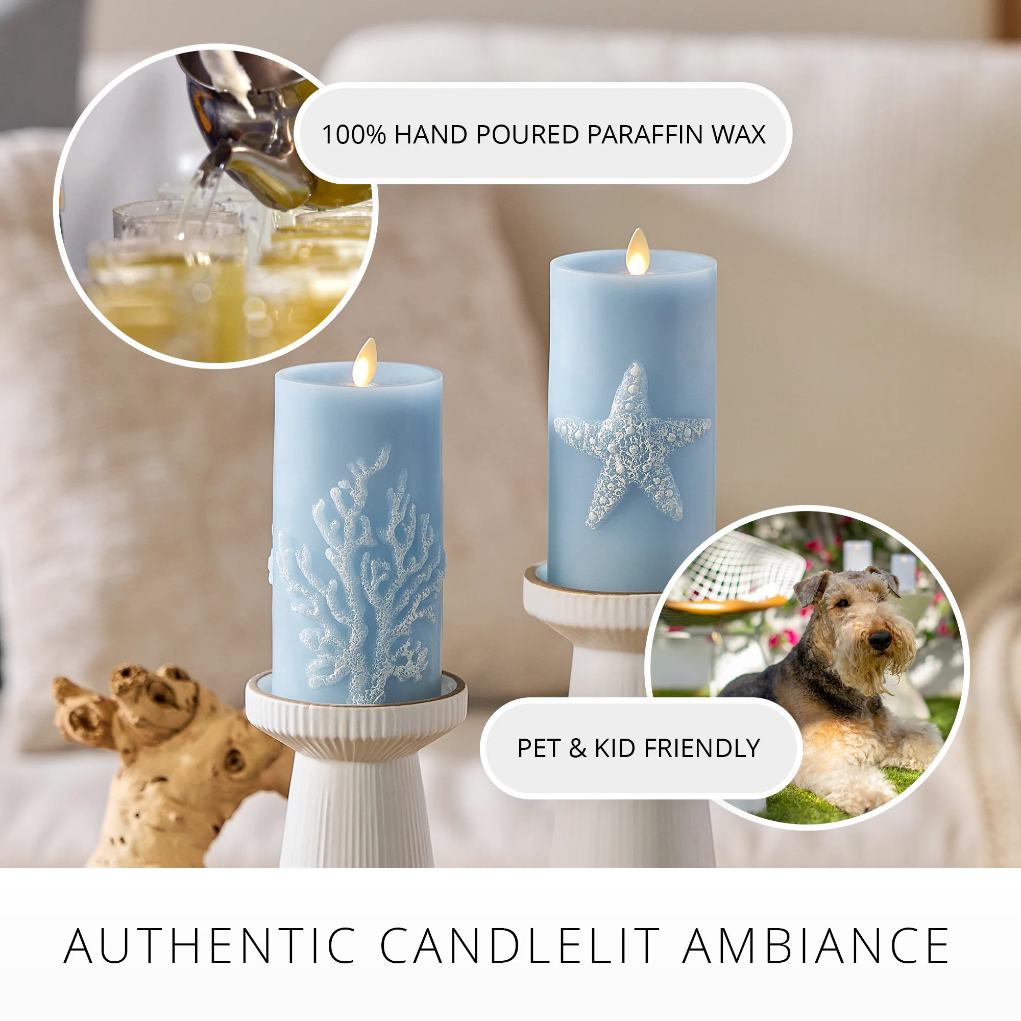 Soft Chambray Embossed Coral Flameless Candle Pillar - Image 7