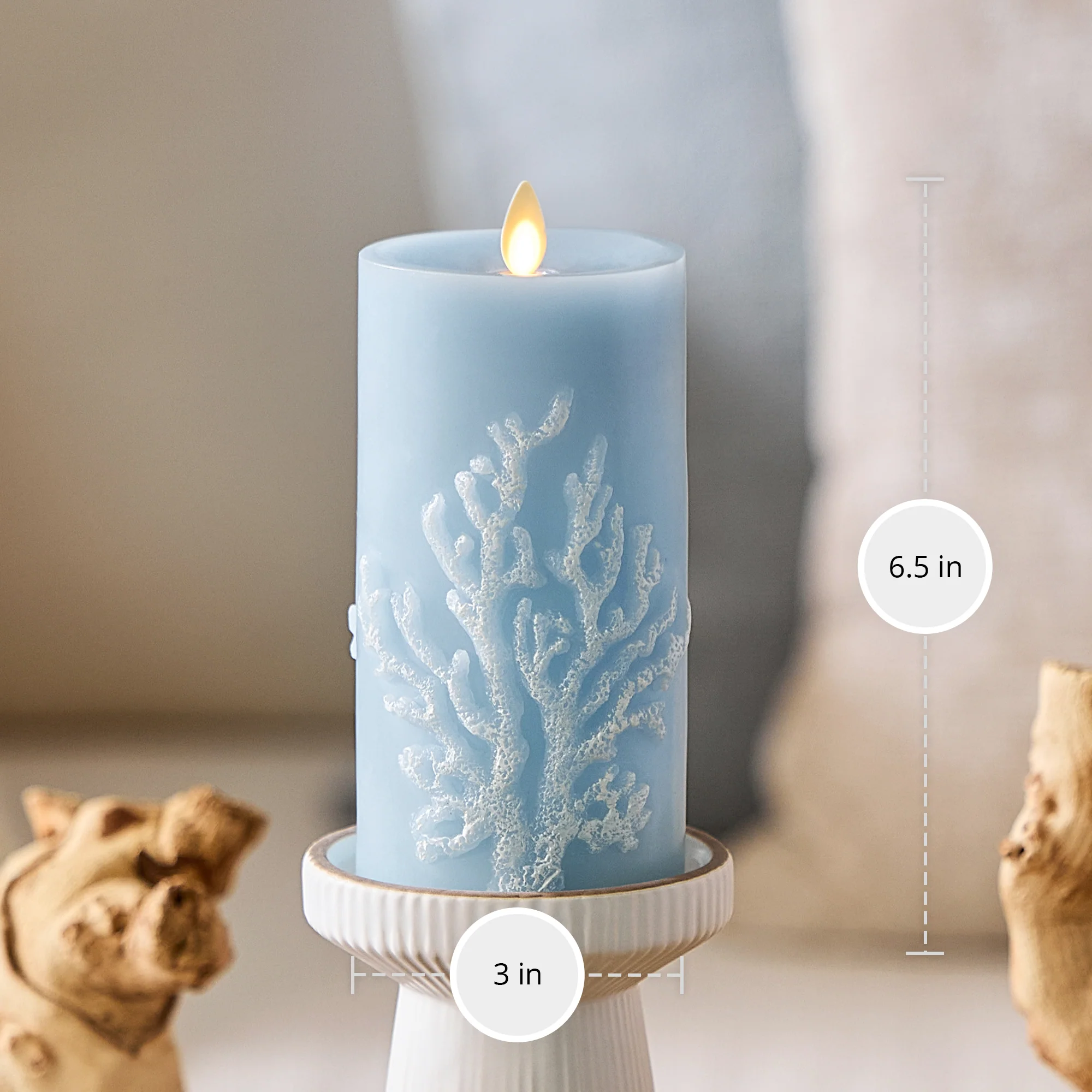Soft Chambray Embossed Coral Flameless Candle Pillar - Image 8