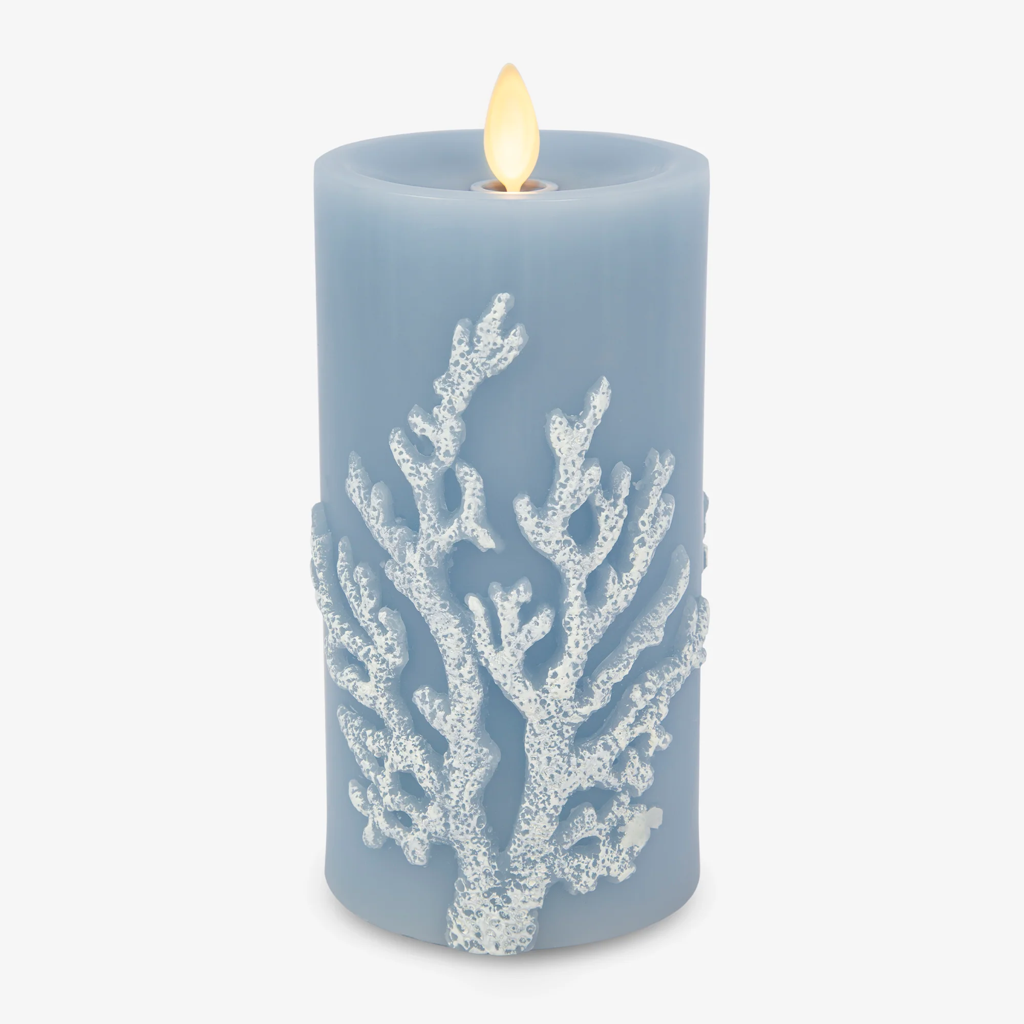 Soft Chambray Embossed Coral Flameless Candle Pillar - Image 9