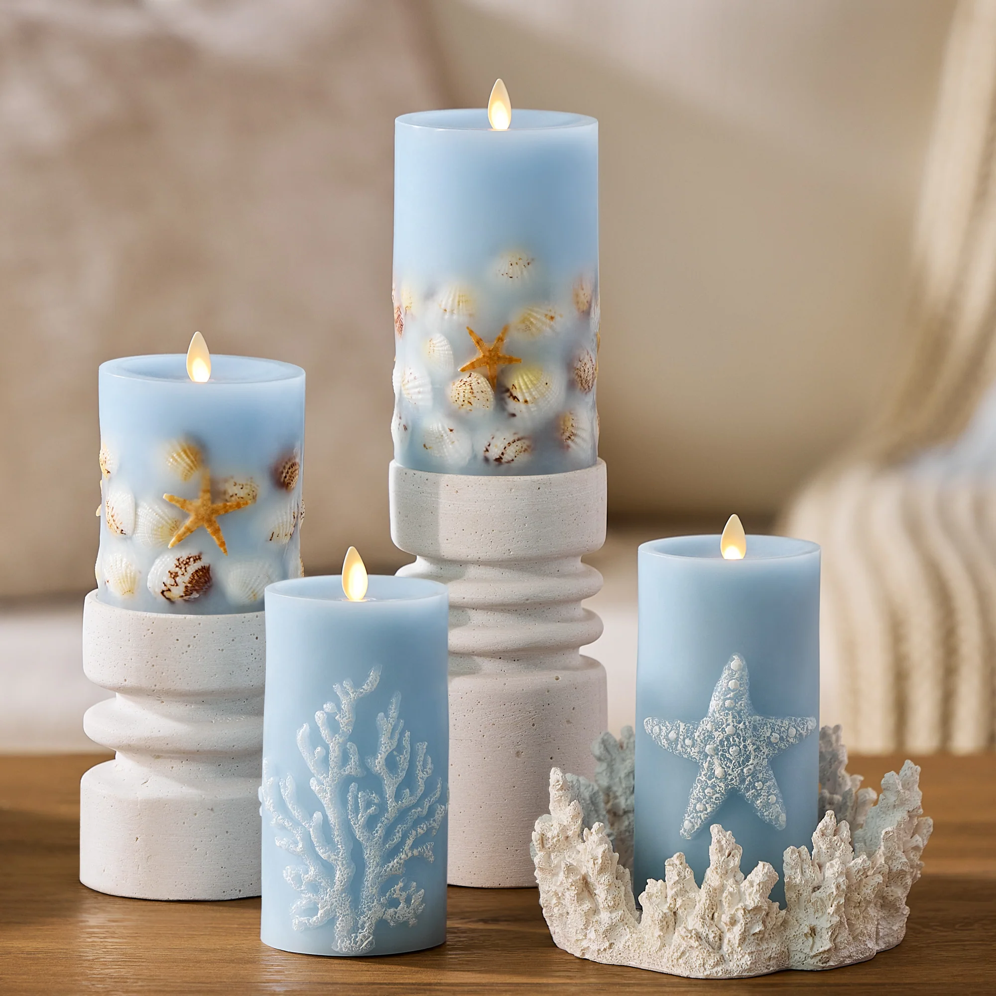 Soft Chambray Embossed Starfish Flameless Candle Pillar - Image 3