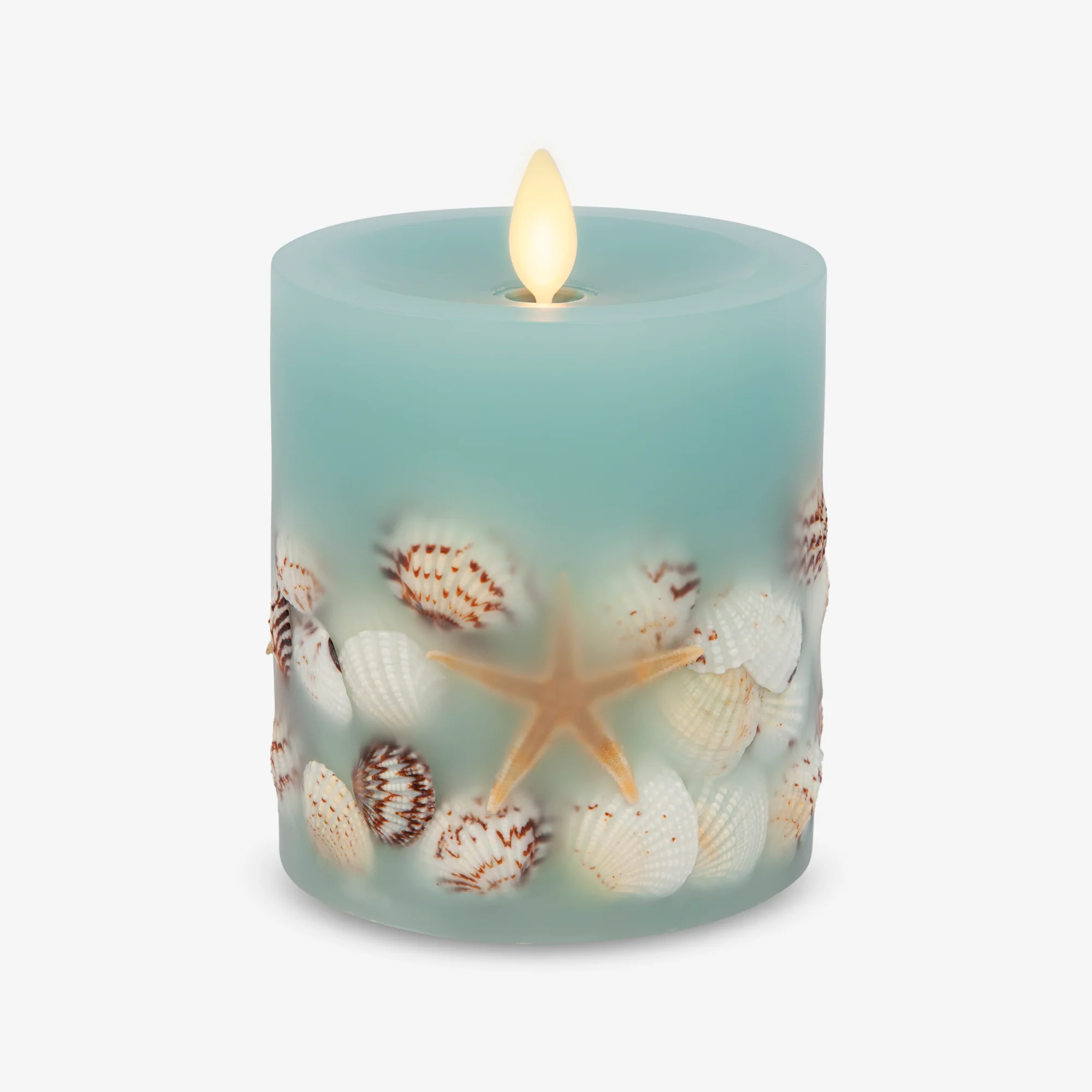 Soft Teal Embedded Seashell & Starfish Flameless Candle Pillar - Image 10