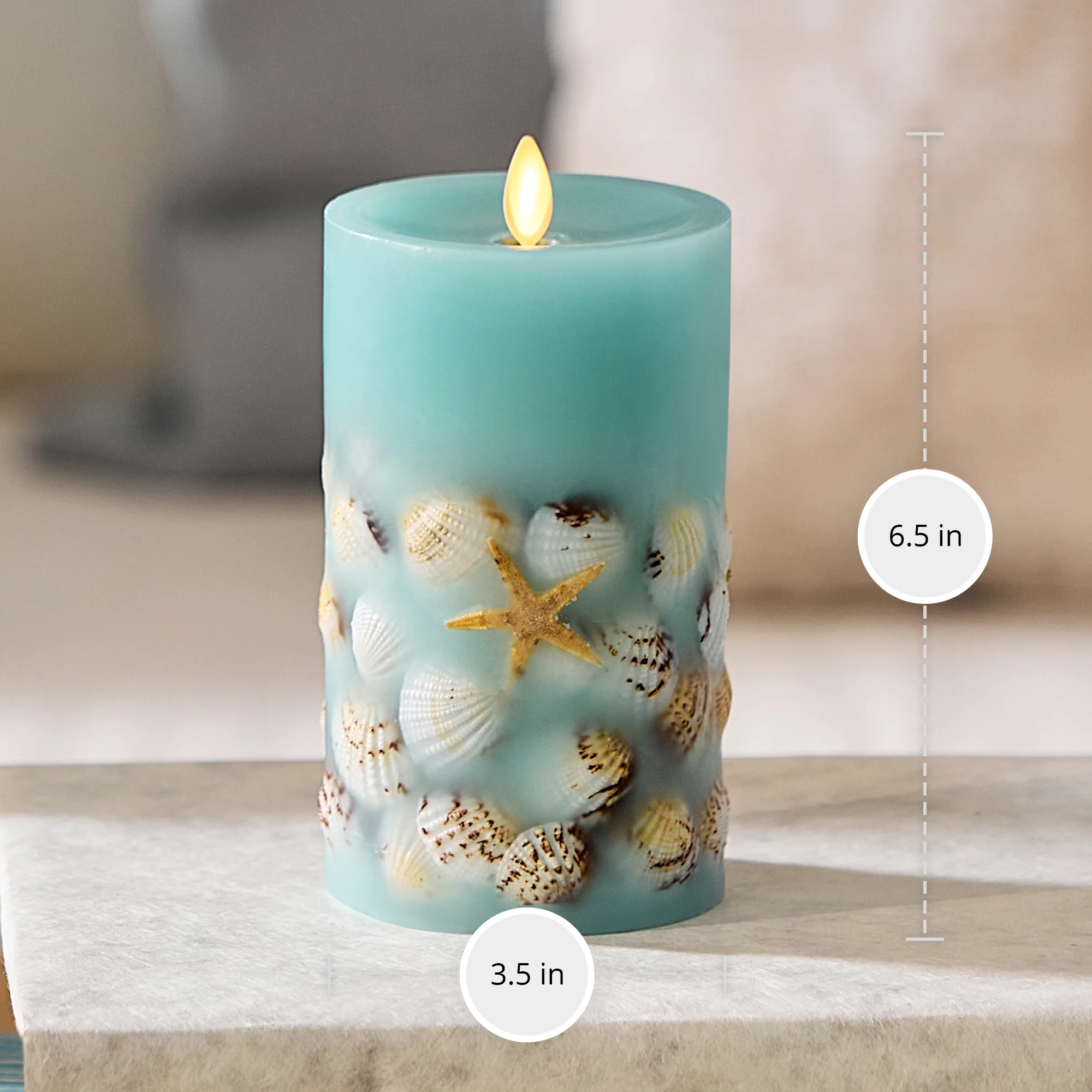 Soft Teal Embedded Seashell & Starfish Flameless Candle Pillar - Image 11