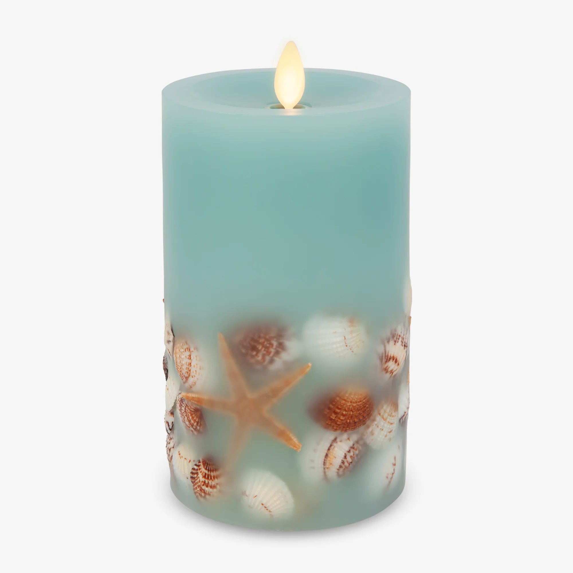 Soft Teal Embedded Seashell & Starfish Flameless Candle Pillar - Image 12
