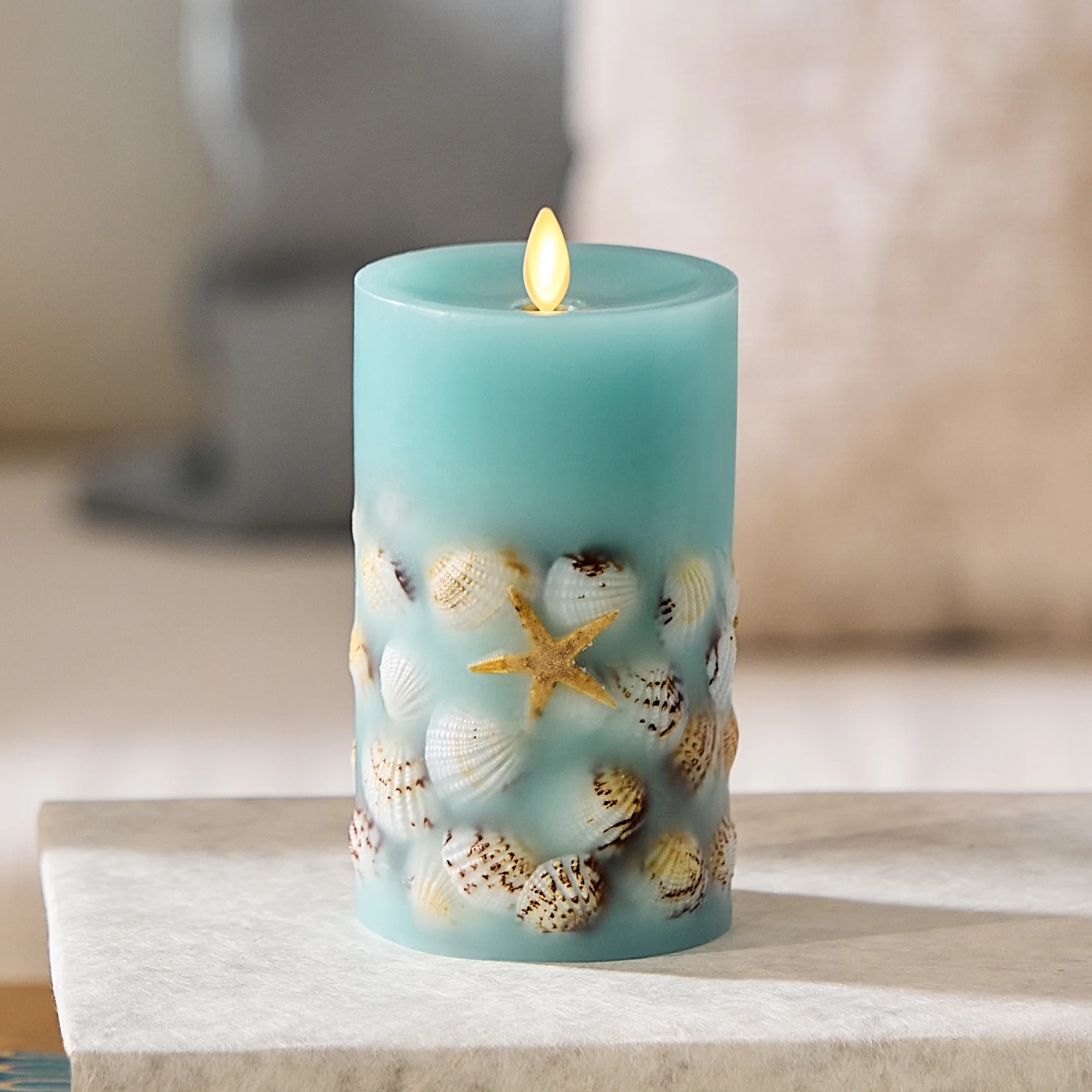 Soft Teal Embedded Seashell & Starfish Flameless Candle Pillar - Image 3
