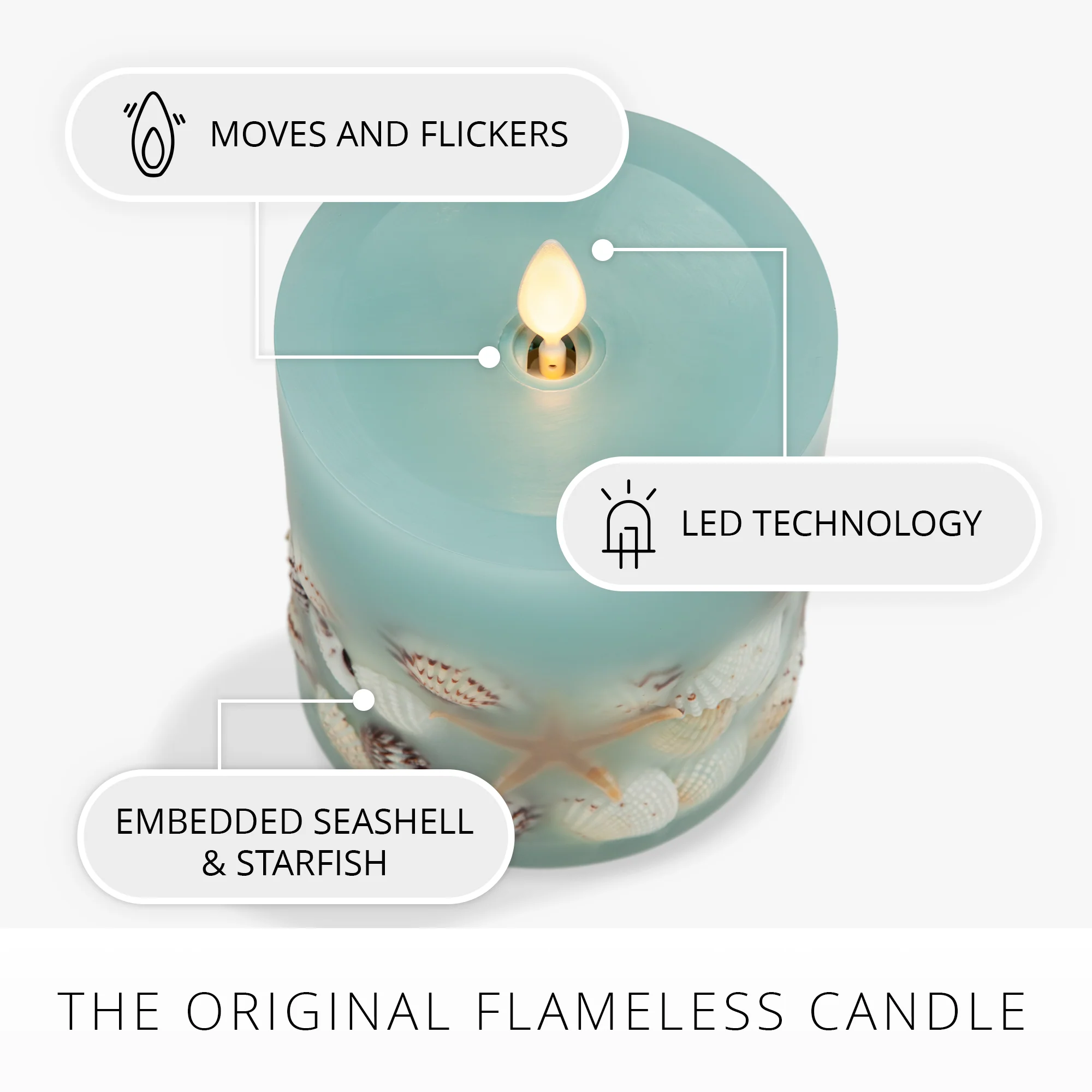 Soft Teal Embedded Seashell & Starfish Flameless Candle Pillar - Image 7