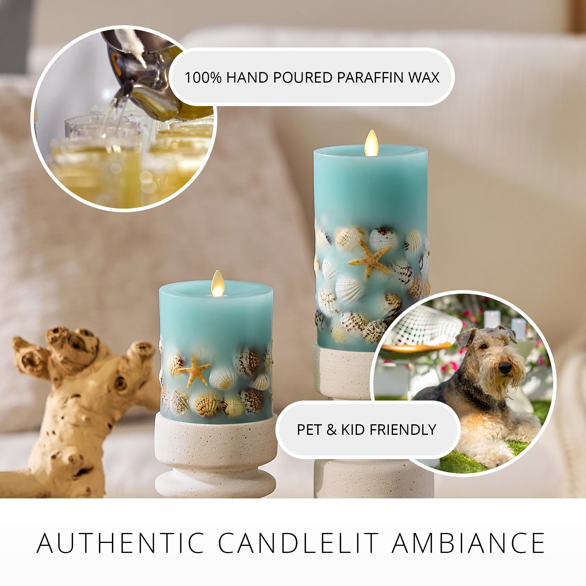 Soft Teal Embedded Seashell & Starfish Flameless Candle Pillar - Image 8