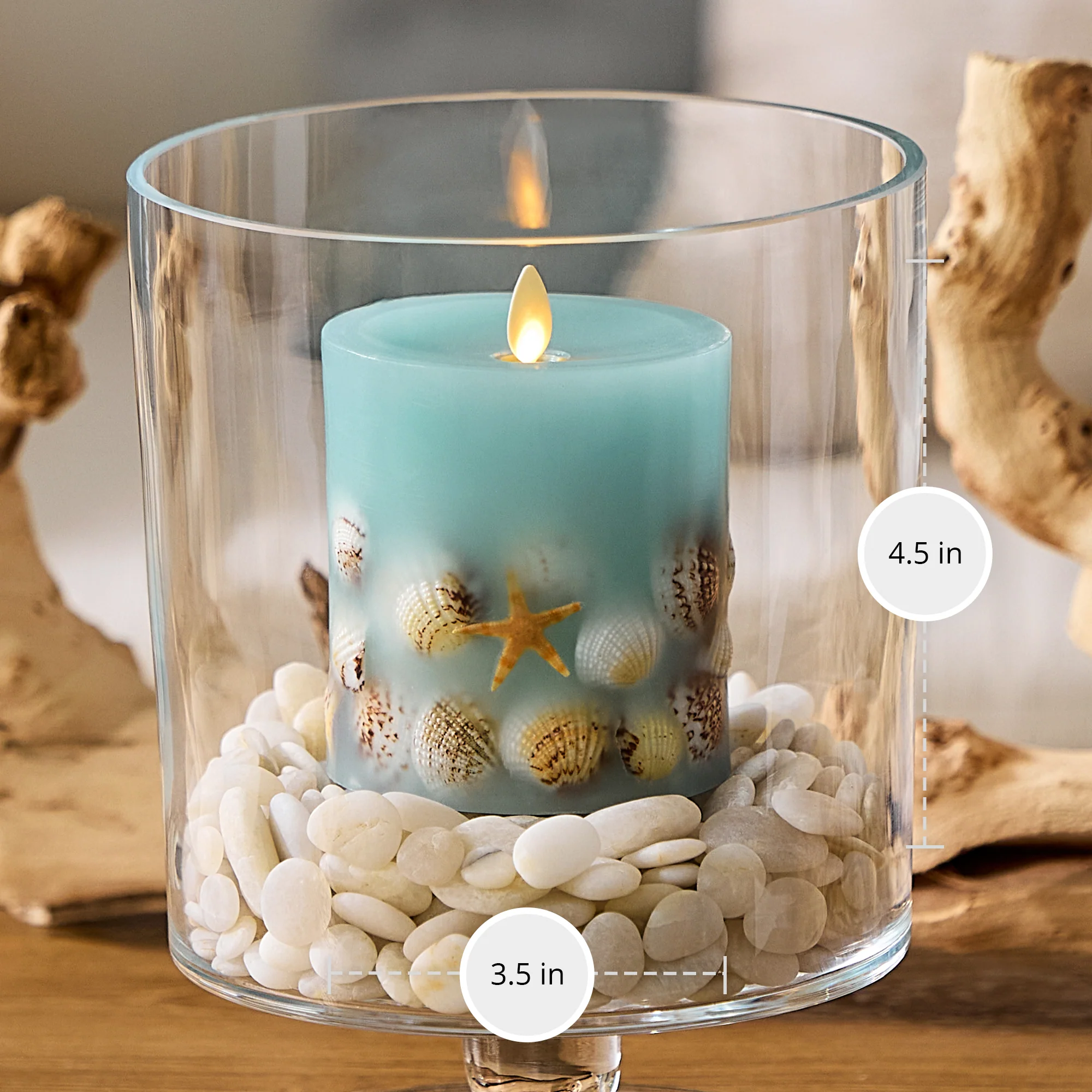 Soft Teal Embedded Seashell & Starfish Flameless Candle Pillar - Image 9