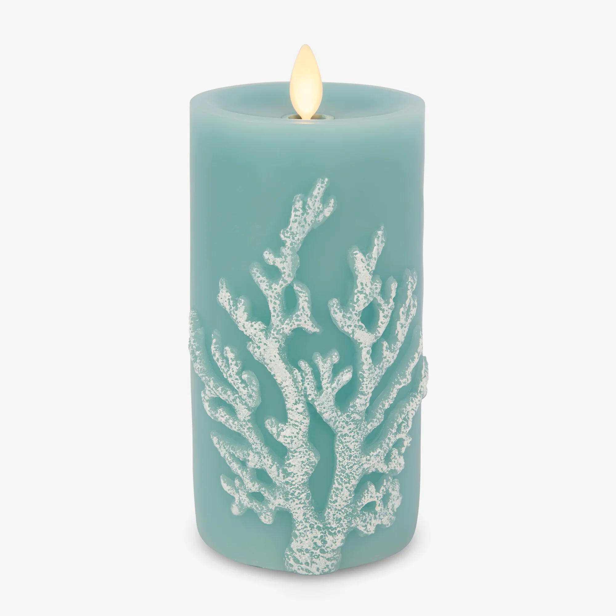 Soft Teal Embossed Coral Flameless Candle Pillar - Image 10
