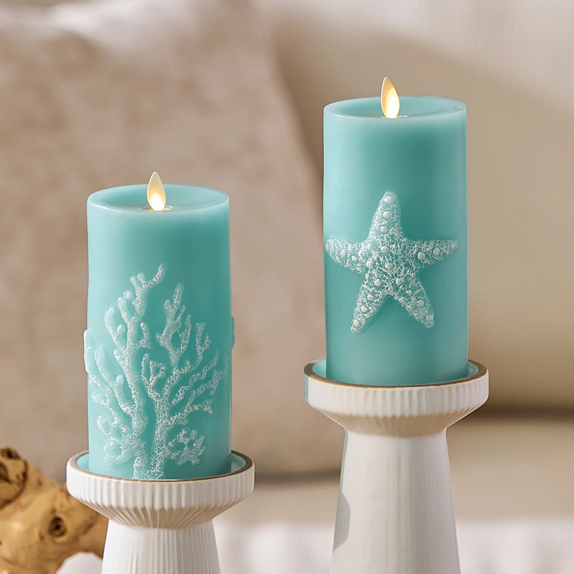 Soft Teal Embossed Coral Flameless Candle Pillar - Image 3