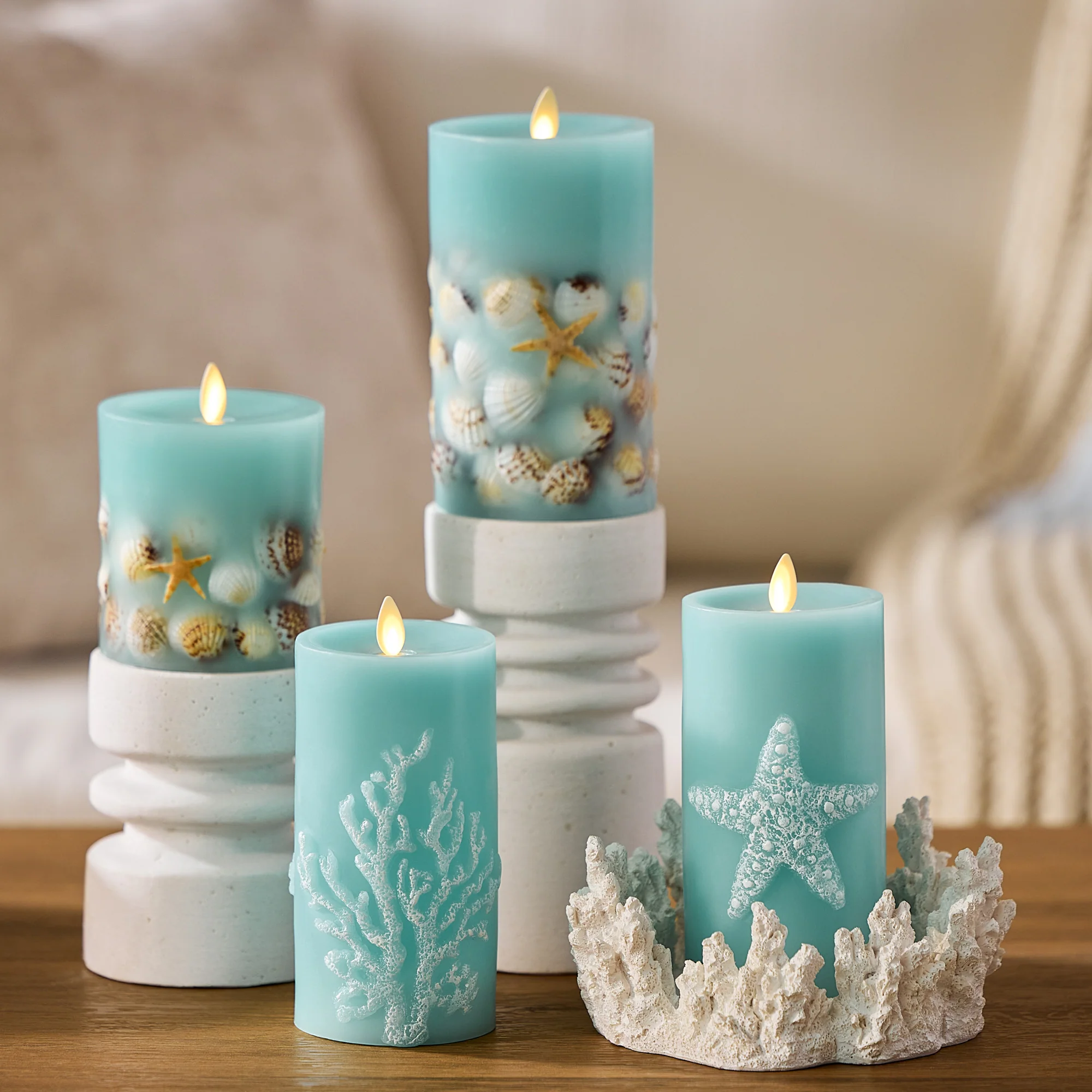 Soft Teal Embossed Coral Flameless Candle Pillar - Image 4