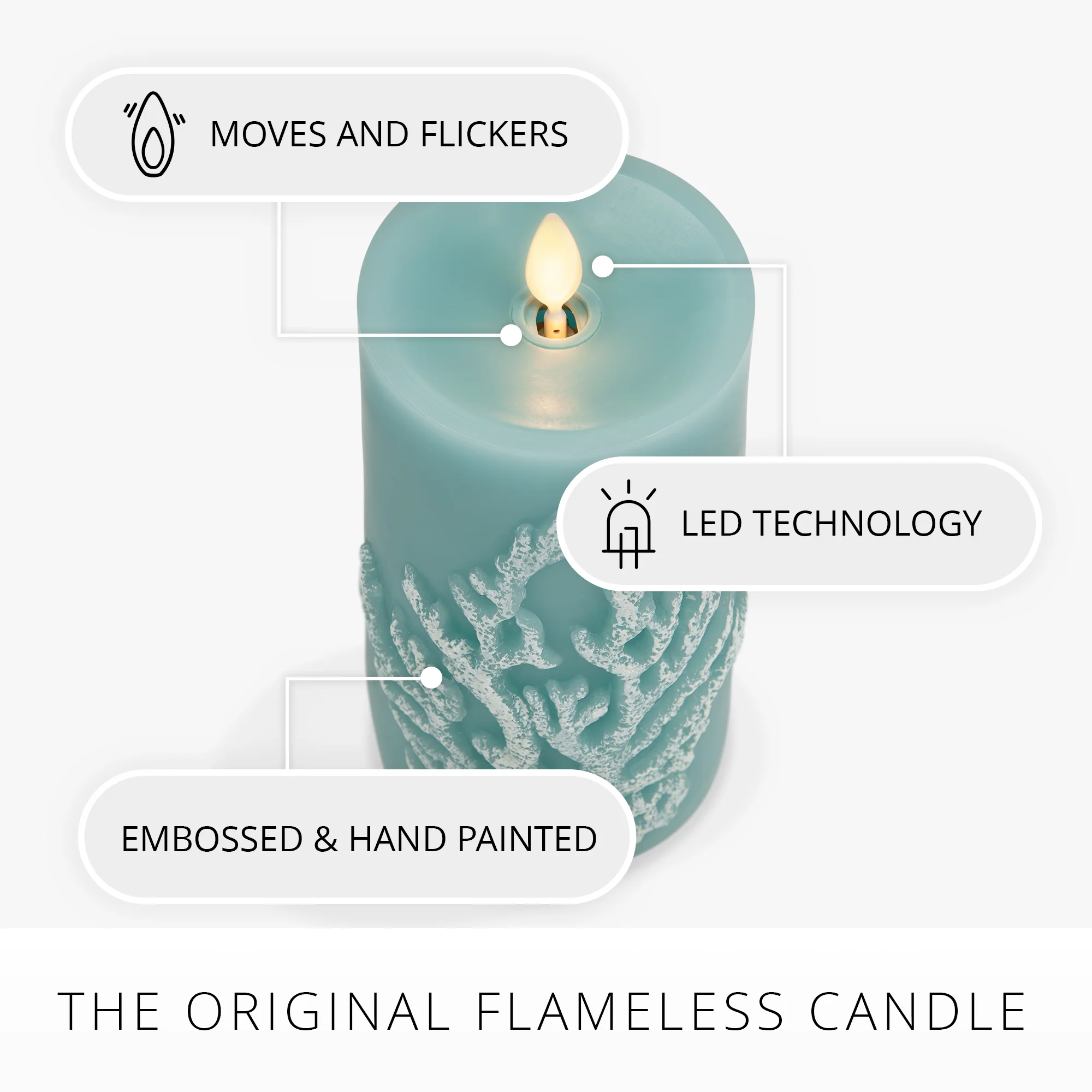 Soft Teal Embossed Coral Flameless Candle Pillar - Image 7