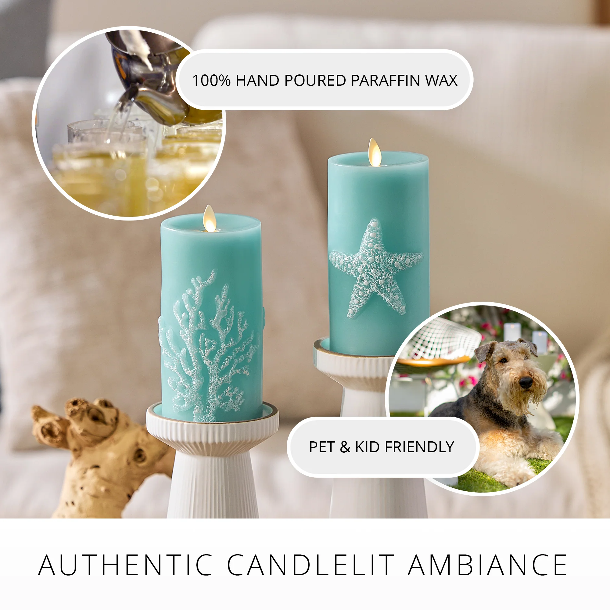 Soft Teal Embossed Coral Flameless Candle Pillar - Image 8
