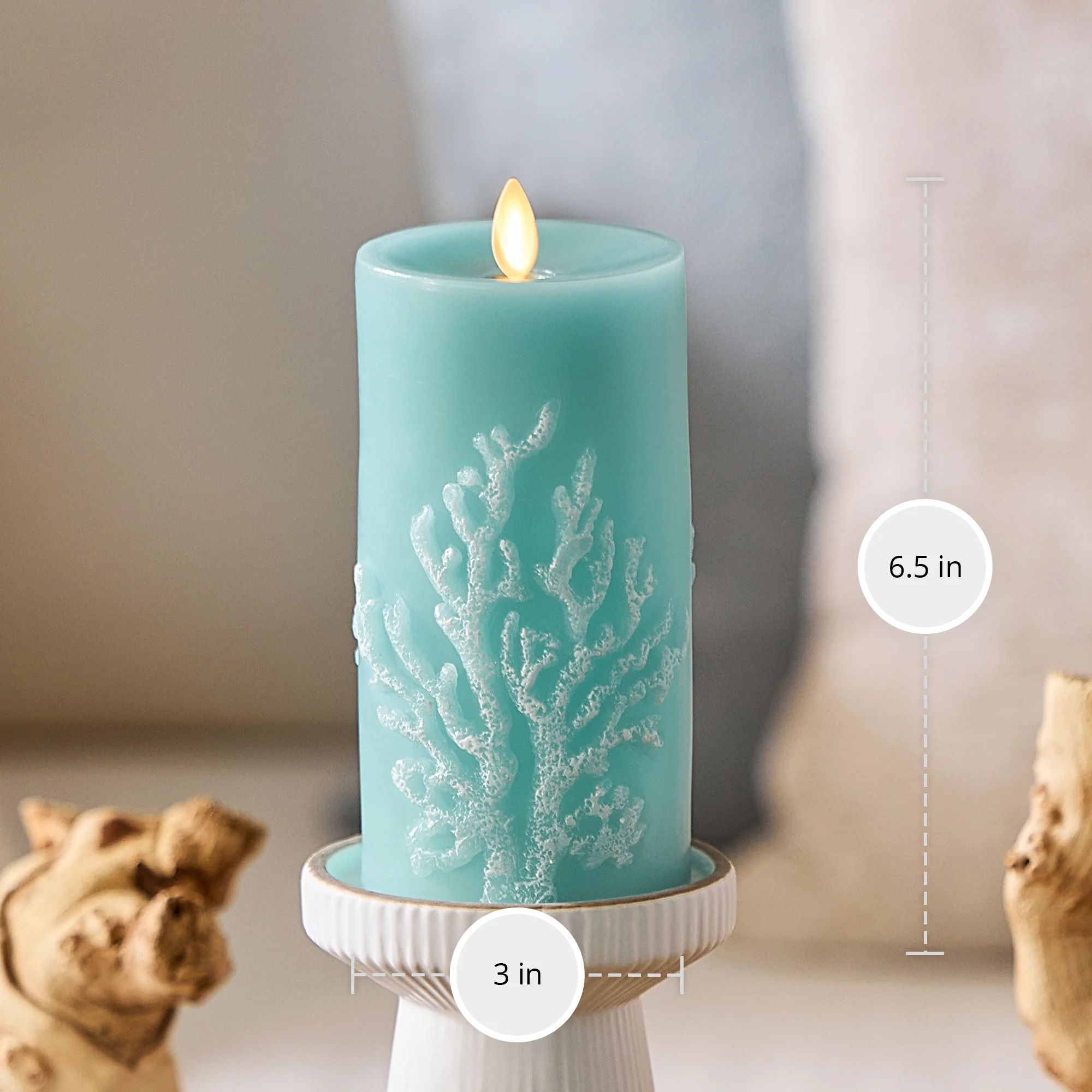 Soft Teal Embossed Coral Flameless Candle Pillar - Image 9