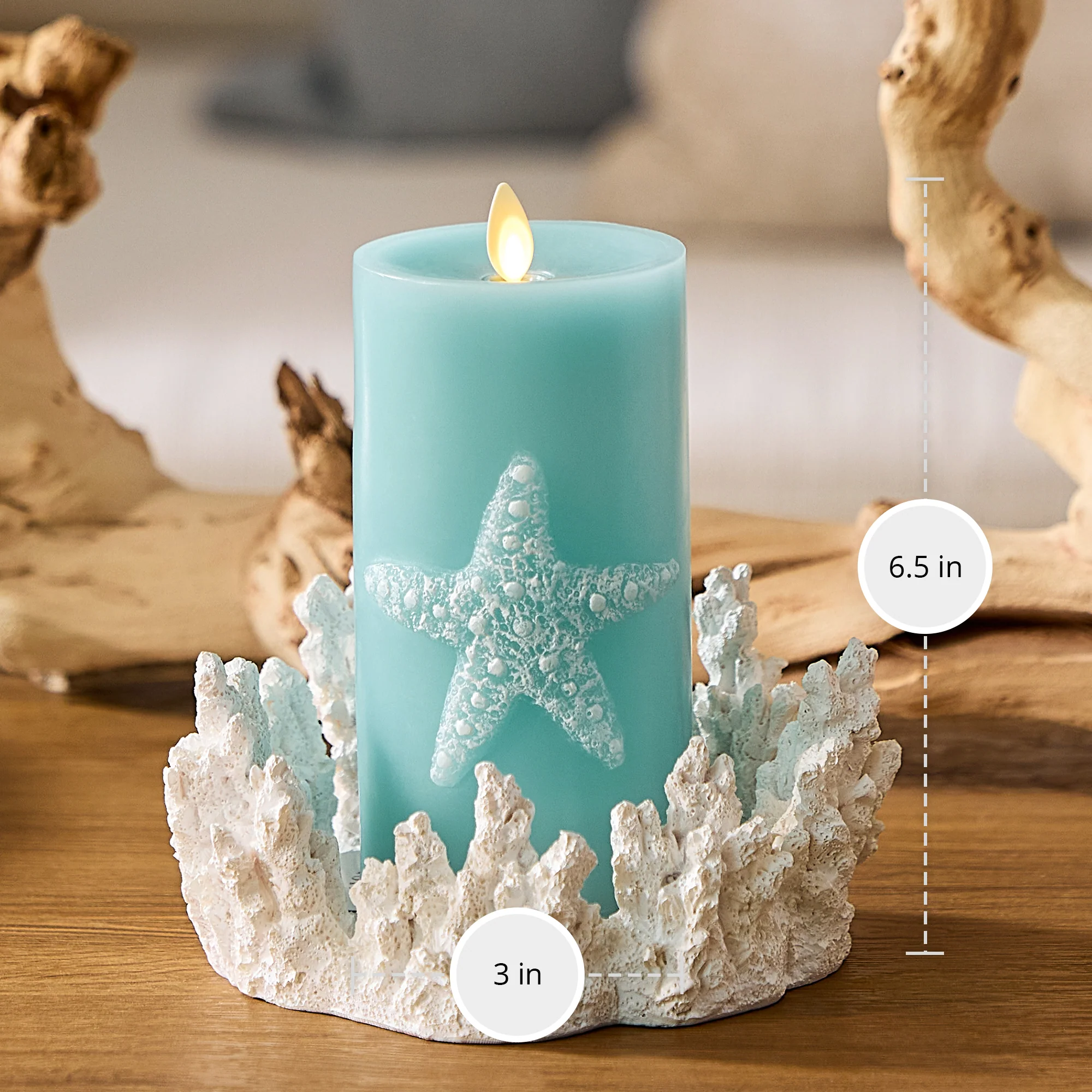 Soft Teal Embossed Starfish Flameless Candle Pillar - Image 10