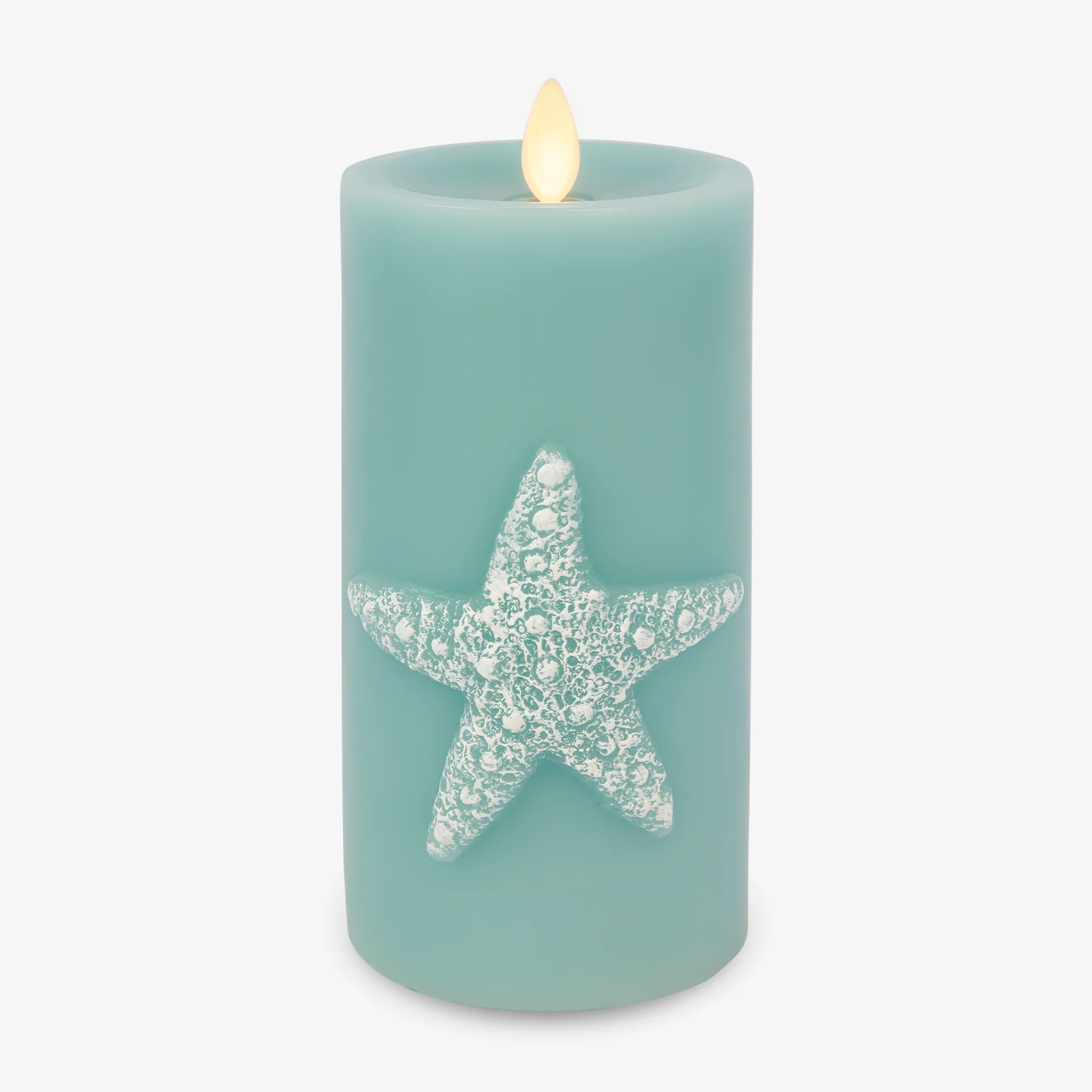 Soft Teal Embossed Starfish Flameless Candle Pillar - Image 11