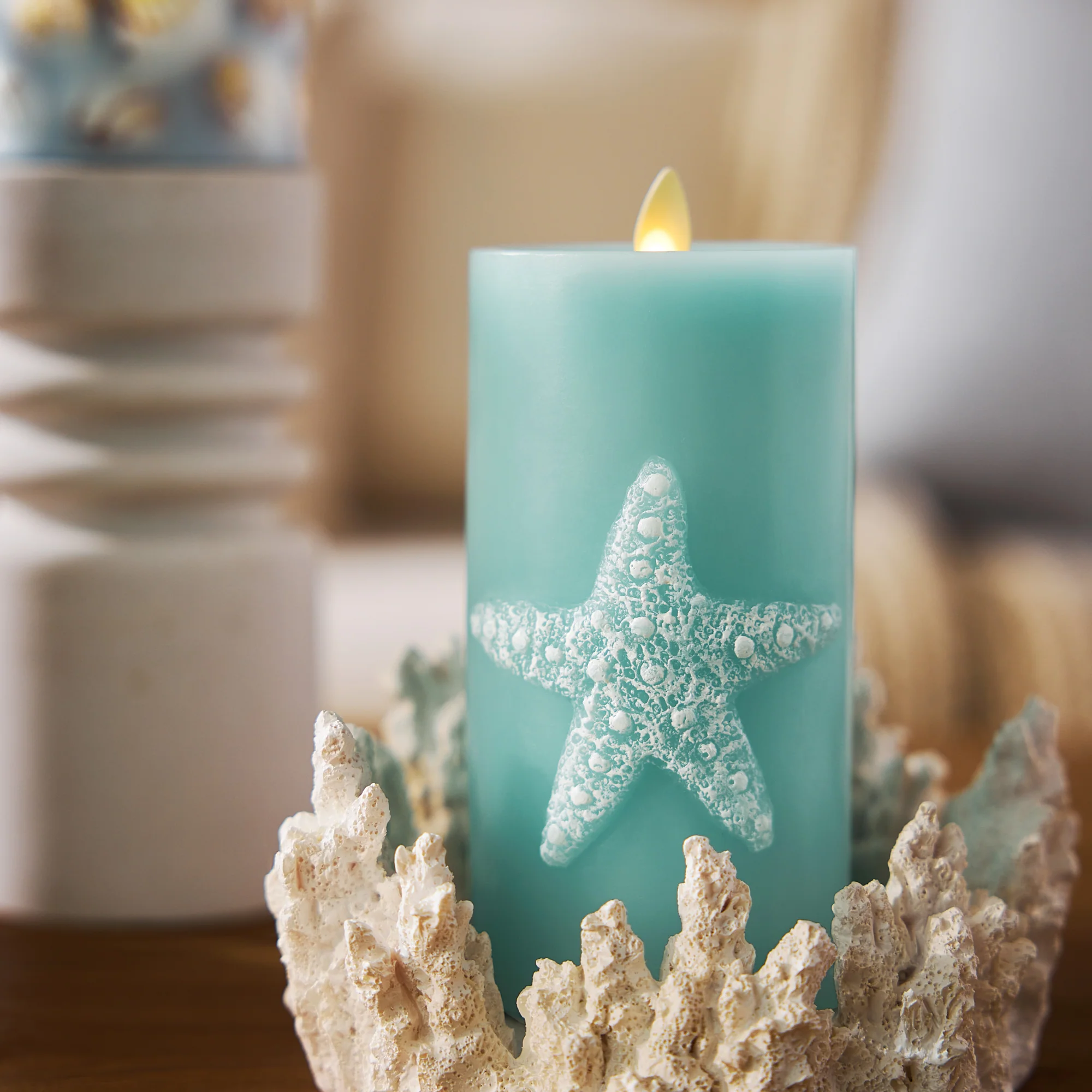Soft Teal Embossed Starfish Flameless Candle Pillar - Image 4