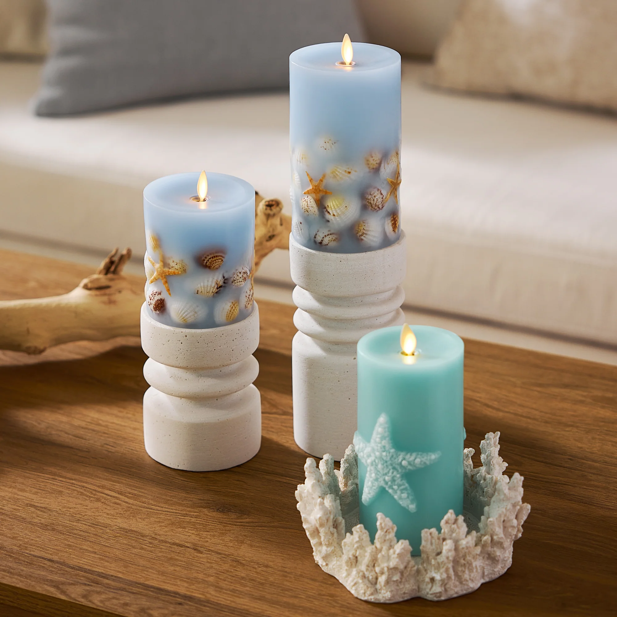 Soft Teal Embossed Starfish Flameless Candle Pillar - Image 5