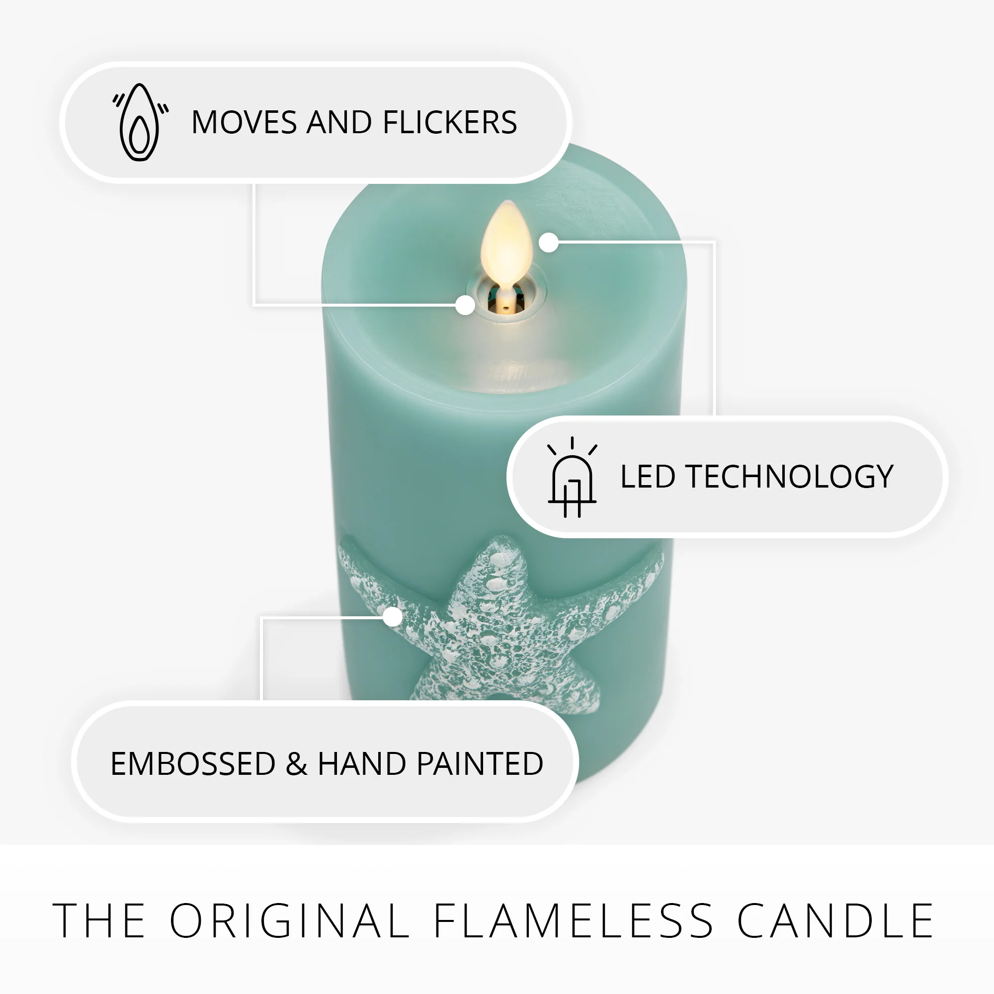 Soft Teal Embossed Starfish Flameless Candle Pillar - Image 8