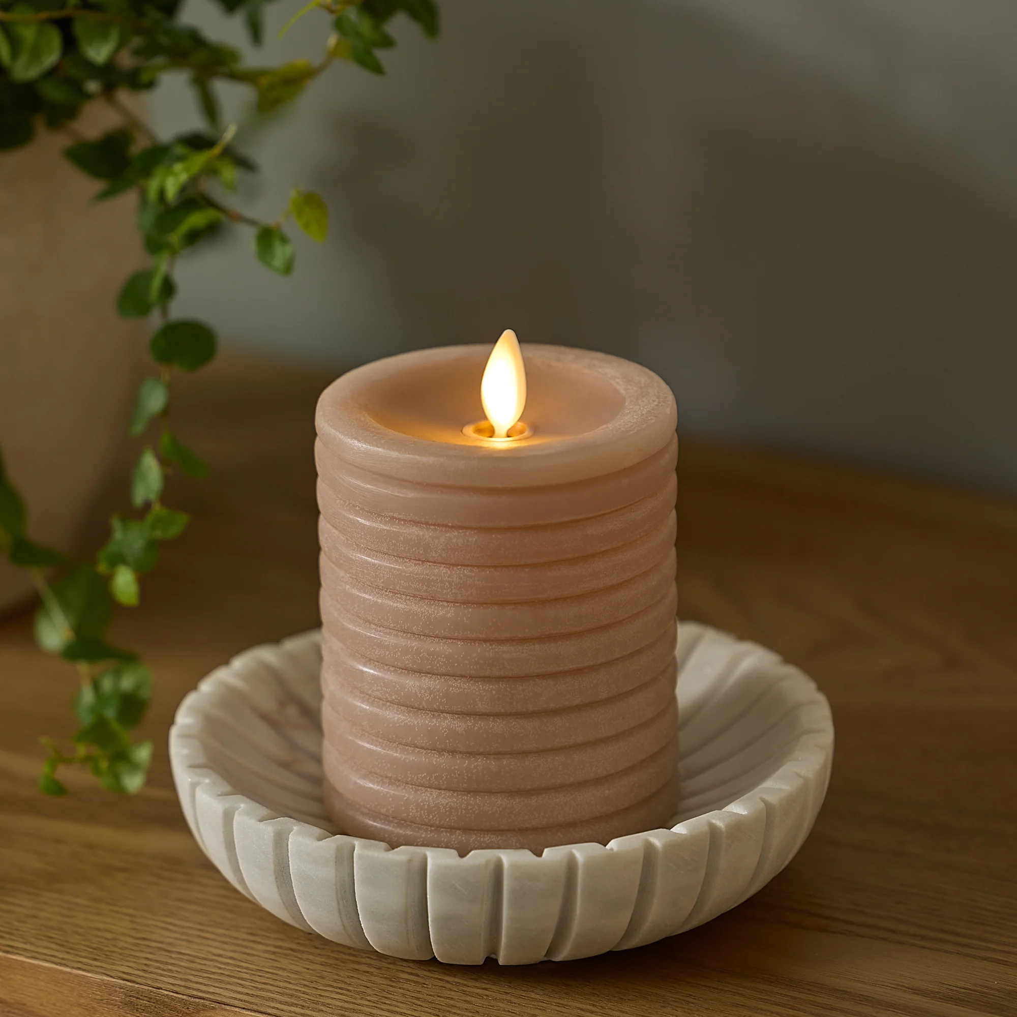 Timeless Taupe Chalky Ribbed Flameless Candle Pillar - Image 5