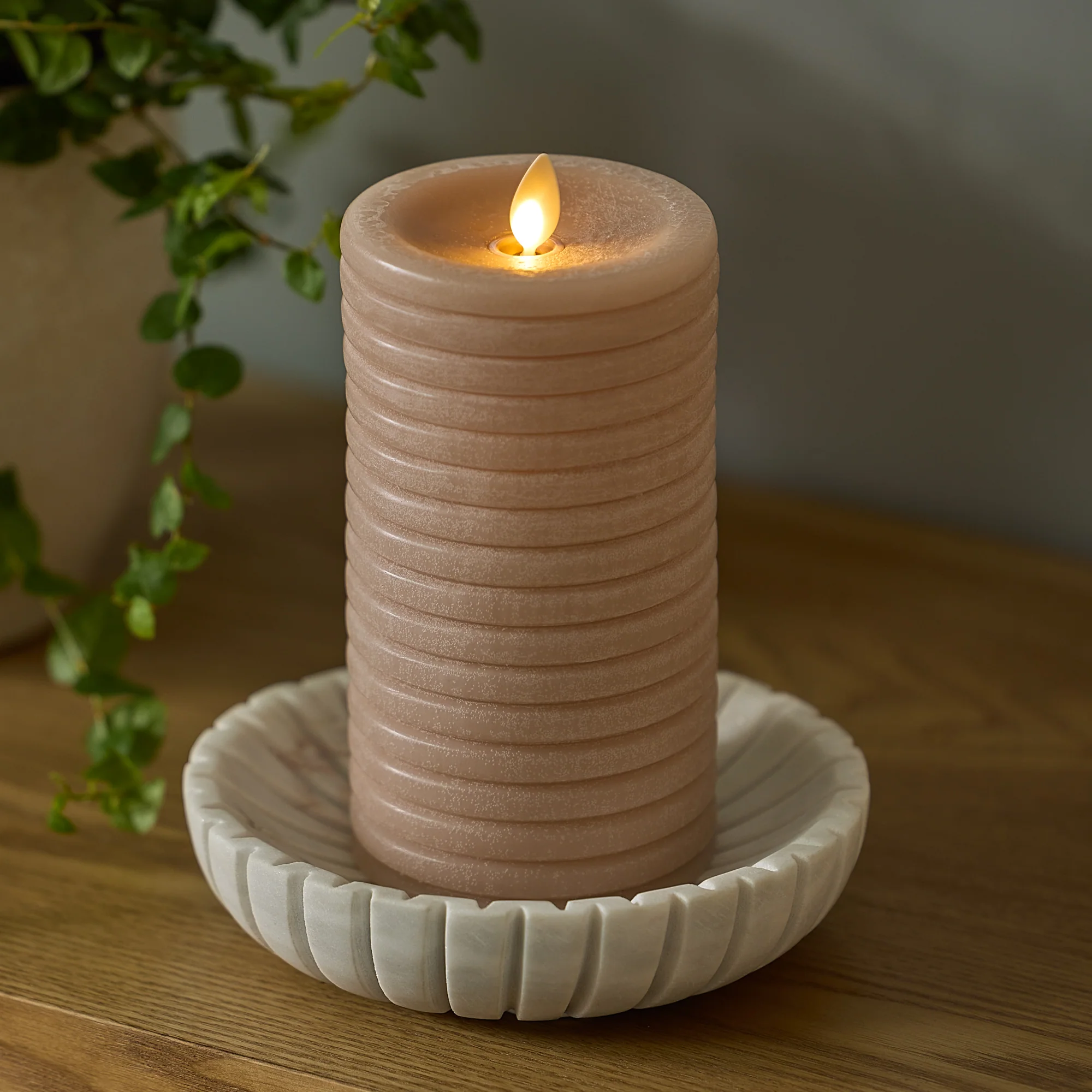Timeless Taupe Chalky Ribbed Flameless Candle Pillar - Image 8
